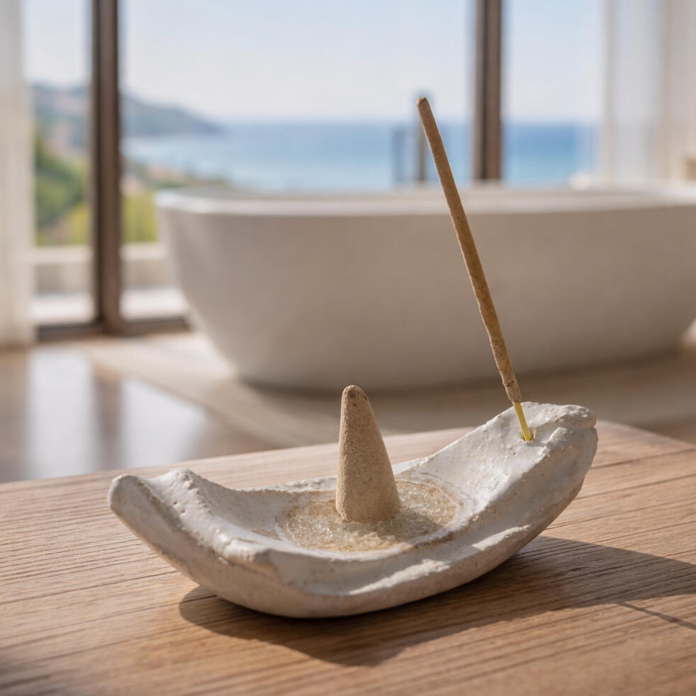 a ceramic incense holder in a luxury home looking over the ocean