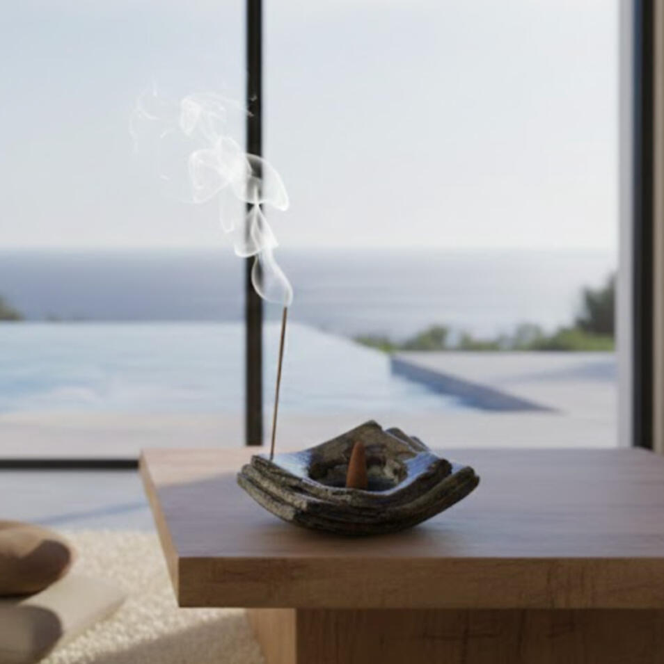 a ceramic incense holder in a luxury home looking over the ocean